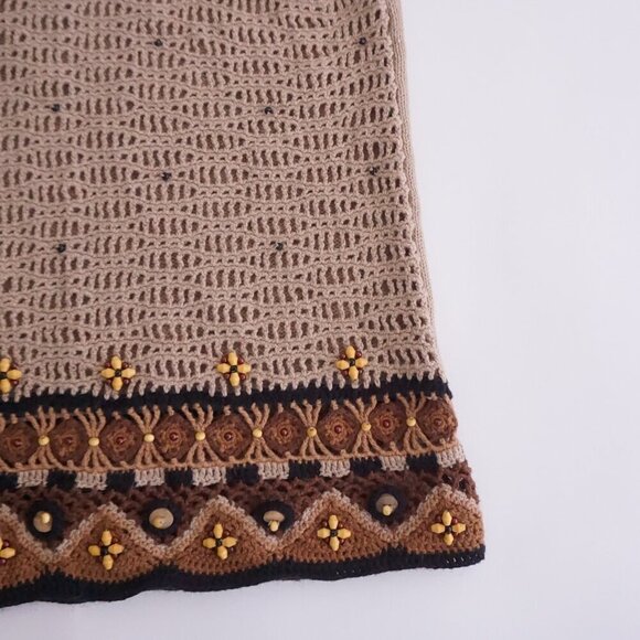 Vintage Country Classics Tan Eyelet Boho Wood Beaded Button Up Sweater Vest M - Picture 5 of 10